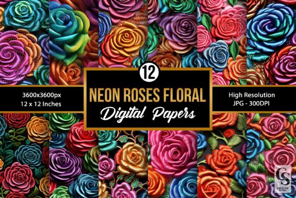 Neon 3D Floral Embroidery Digital Papers